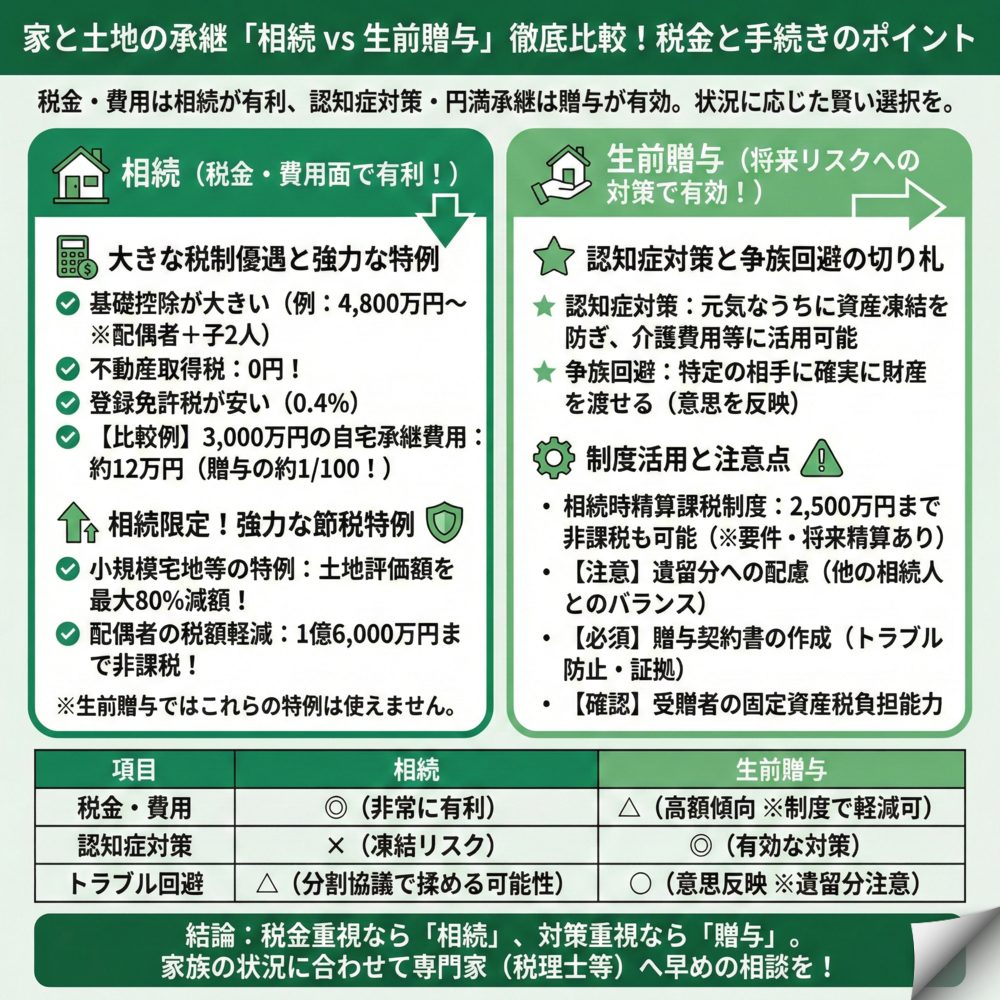 家や土地の生前贈与と相続どちらが得？のインフォグラフィック