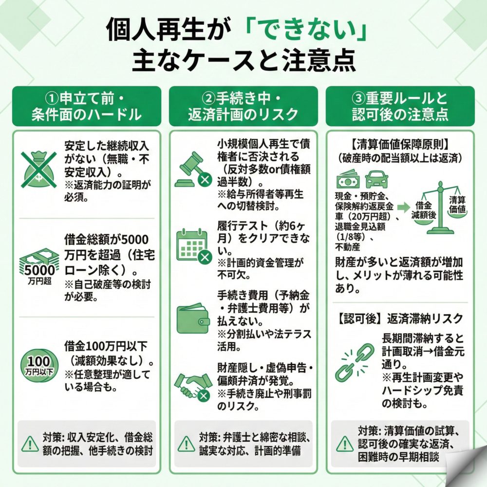 個人再生が困難になるケースと対処方法のインフォグラフィック