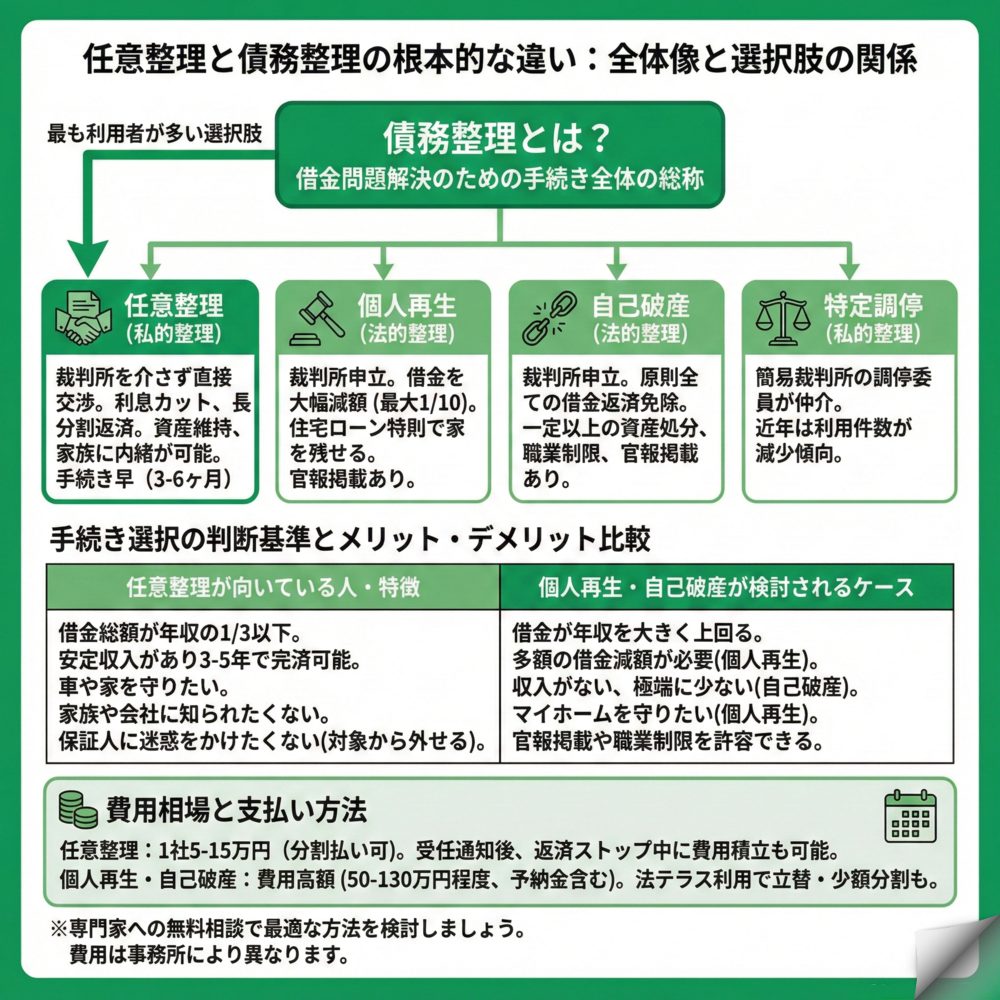 任意整理と債務整理の違いは何ですか?のインフォグラフィック