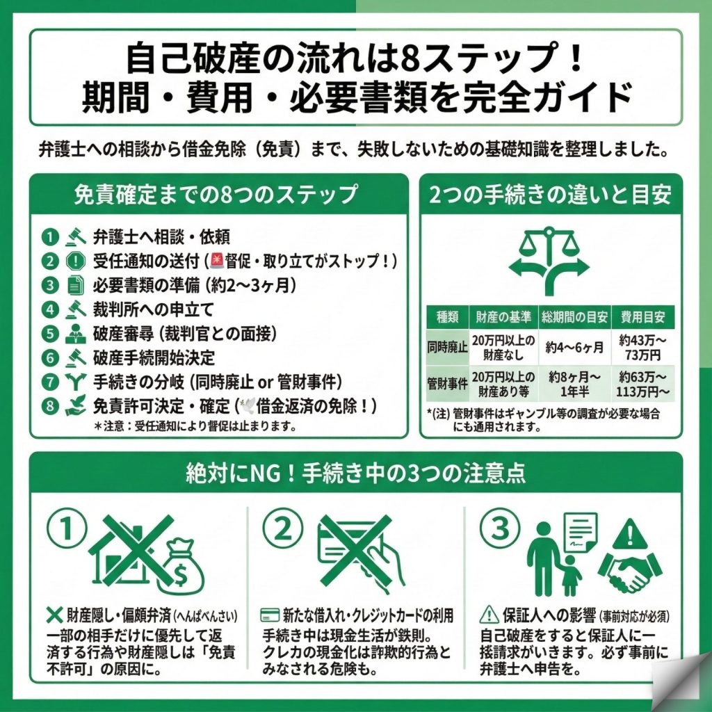 自己破産の流れをわかりやすく解説！のインフォグラフィック